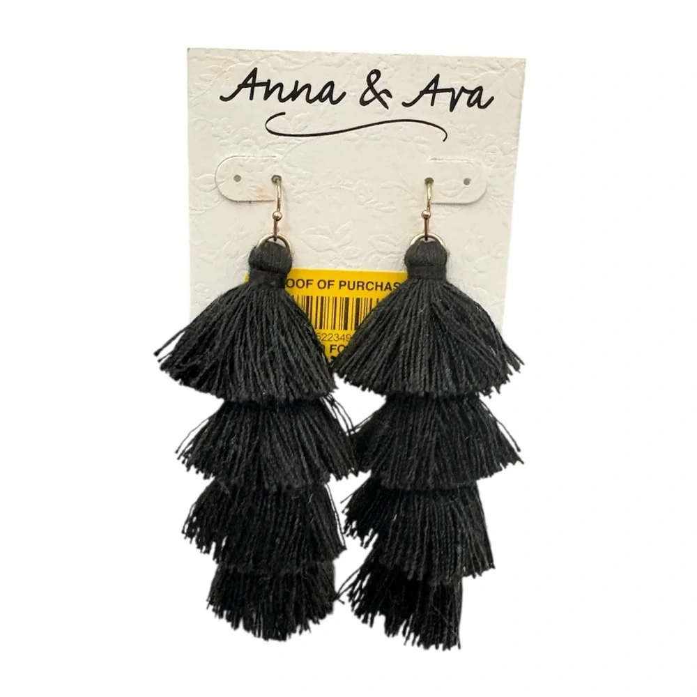Anna & Ava Black Tiered Tassel Earrings NWT